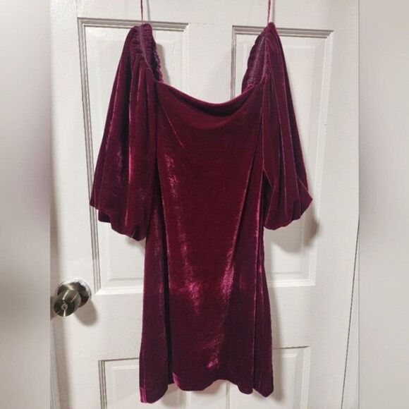 Rebecca Minkoff Fuchsia Vienne Velvet Square Neck Short Puff Sleeve Mini Dress - Picture 7 of 11